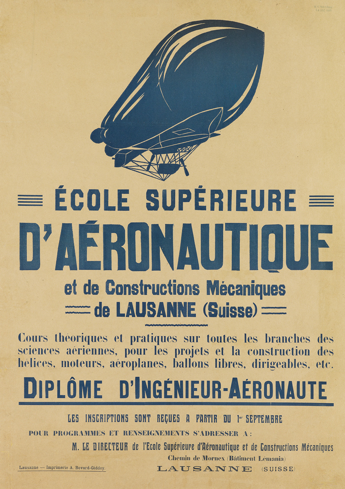 DESIGNER UNKNOWN. ÉCOLE SUPÉRIEURE DAÉRONAUTIQUE. Circa 1910. 27x19 inches, 64x49 cm. A. Bovard-Giddey, Lausanne.